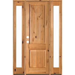 58 in. x 96 in. Rustic Knotty Alder Square Clear Stain Wood V-Groove Right Hand Single Prehung Front Door/Full Sidelites