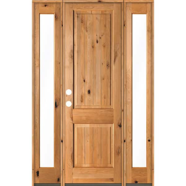 Krosswood Doors 60 in. x 96 in. Rustic Knotty Alder Square Clear Stain Wood V-Groove Right Hand Single Prehung Front Door/Full Sidelites