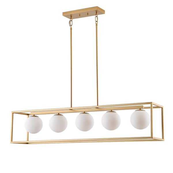 44.88 in. 5-Light Farmhouse Rectangular Gold Chandelier Kitchen Island Hanging Light with Milky White Globe Glass Shade