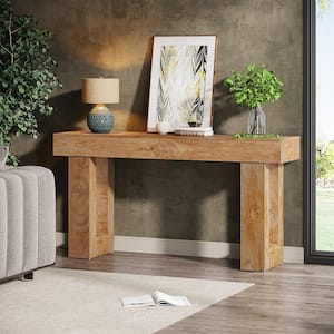 Turrella 63 in. W Light Brown Wood Console Table, Rectangle Farmhouse Sofa Table with Double Pedestal for Living Room