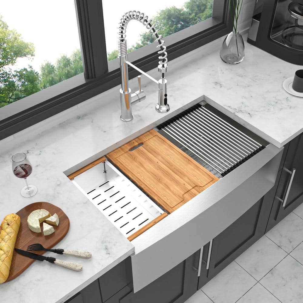 36 in. Farmhouse/Apron-front Single Bowl 16 Gauge Brushed Nickel Stainless Steel Kitchen Sink with Workstation price history on PriceWatchPro
