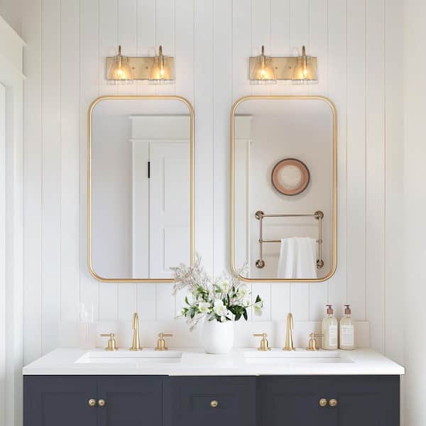 Modern 2-Light Gold Bathroom Vanity Light with Bell Clear Glass Shades Classic Mirror Brass Wall Sconce