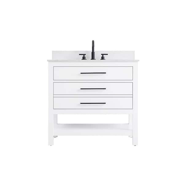 36 in. Single Sink White Bath Vanity with White Engineered Marble Top and Backsplash