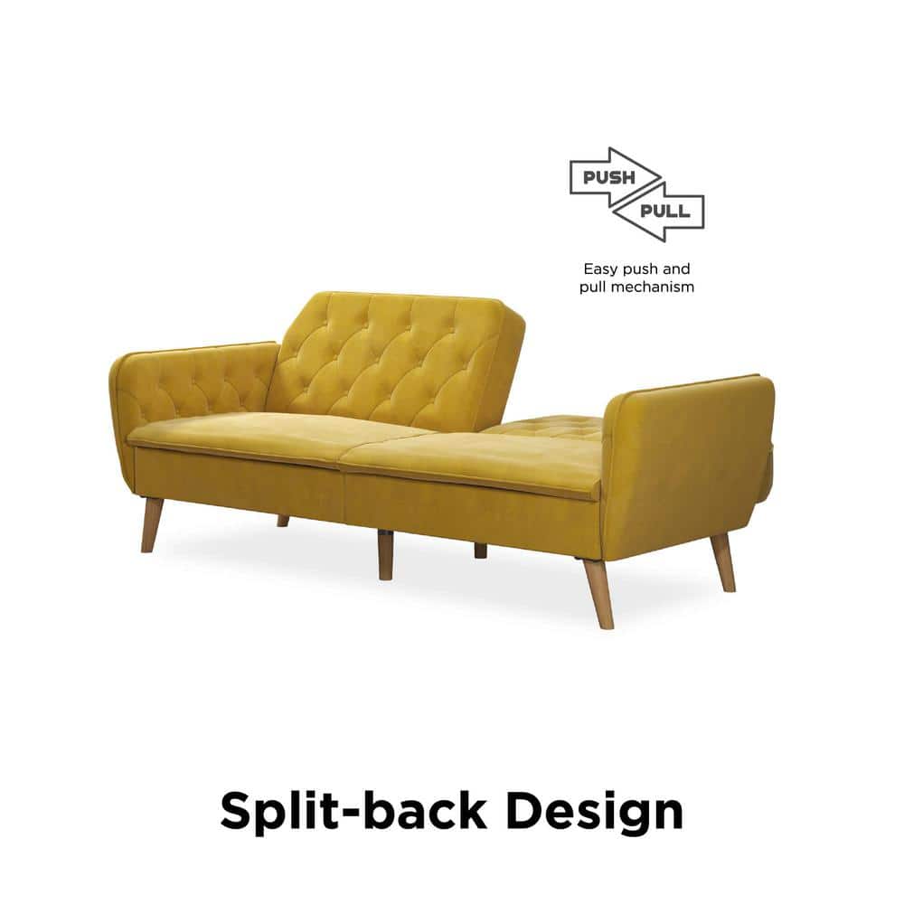 Mustard Faux Leather Tufted Twin Sleeper Sofa with Memory Foam