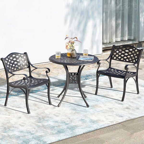 Nuu Garden 3-Piece Cast Aluminum Outdoor Bistro Set Patio Table Set with Umbrella Hole in Black