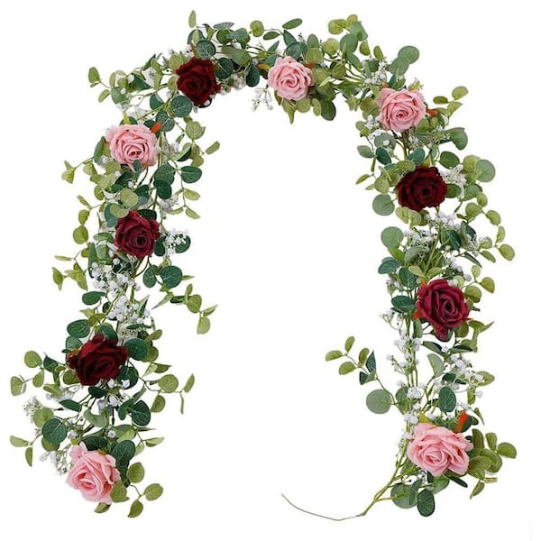 2-Piece 5.91 ft. Artificial Eucalyptus Garland with Flowers, Fake Rose Garland