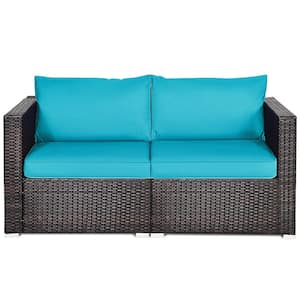Island 2-Piece Wicker Patio Conversation Set with Blue Cushions