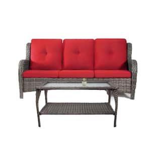 2-Piece Brown Wicker Patio Conversation Set, Sofa Set and Coffee Table with Red Cushions
