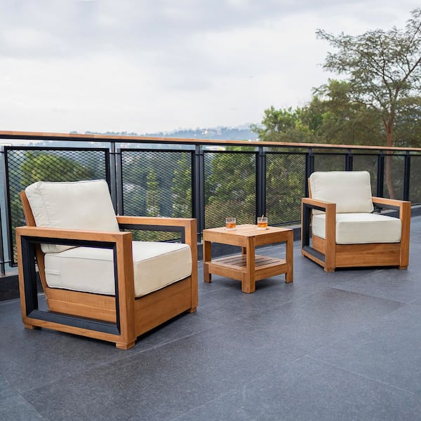 Cambridge Casual Cambridge Casual Hans 3-Piece Teak Wood Patio Conversation Set with Ivory Cushion