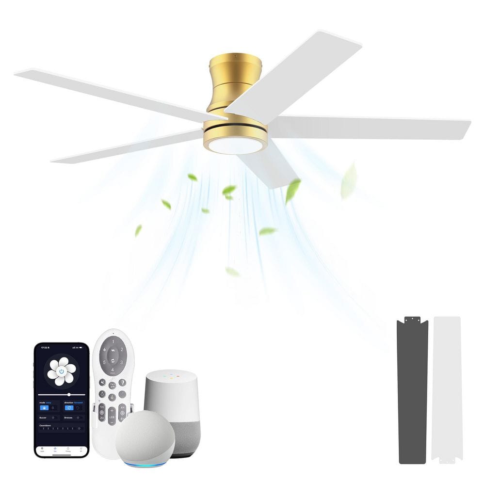 52 in. Modern Gold White Outdoor Indoor Flush Mount Ceiling Fan with Dimmable LED Ligh APP/Alexa/Remote DC Motor Quiet