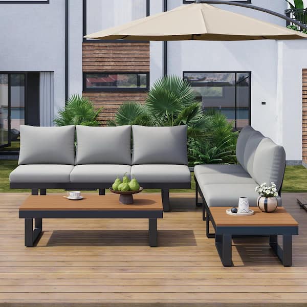 Sudzendf 4-Piece Metal Outdoor Conversation Patio Furniture Set with Gray Cushions