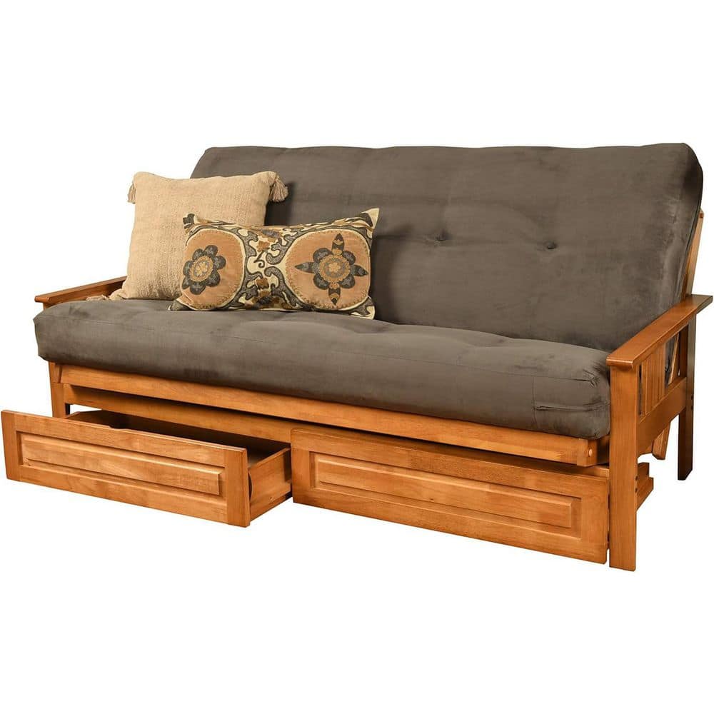 79 in. Butternut/Suede Gray Polyester Upholstered Full Size Futon Set with Mattress and Storage Drawers