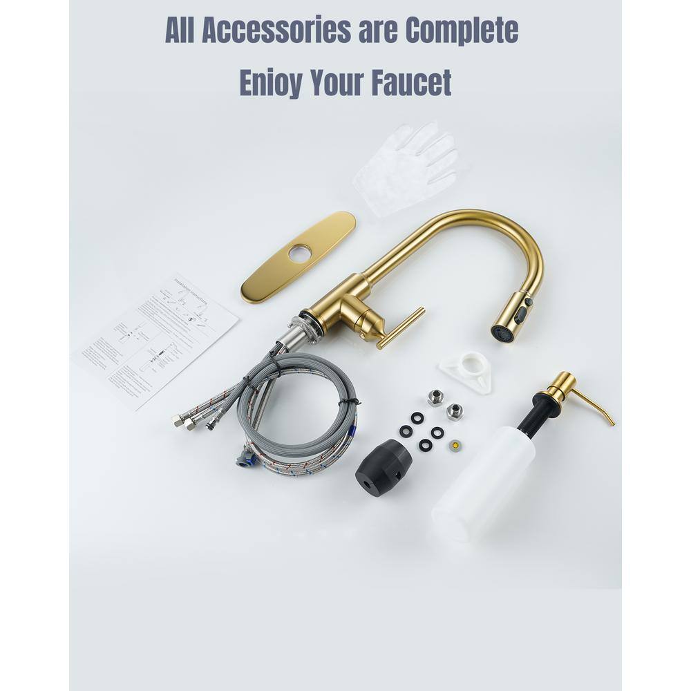 Gold Stainless Steel Pull Down Kitchen Faucet with Soap Dispenser