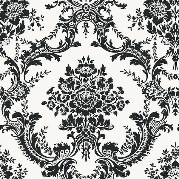 The Wallpaper Company 8 in. x 10 in. Black and White Mid Scale Damask Wallpaper Sample