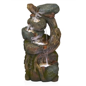 Cascading Rock and Tree Trunk Fountain with LED Lights