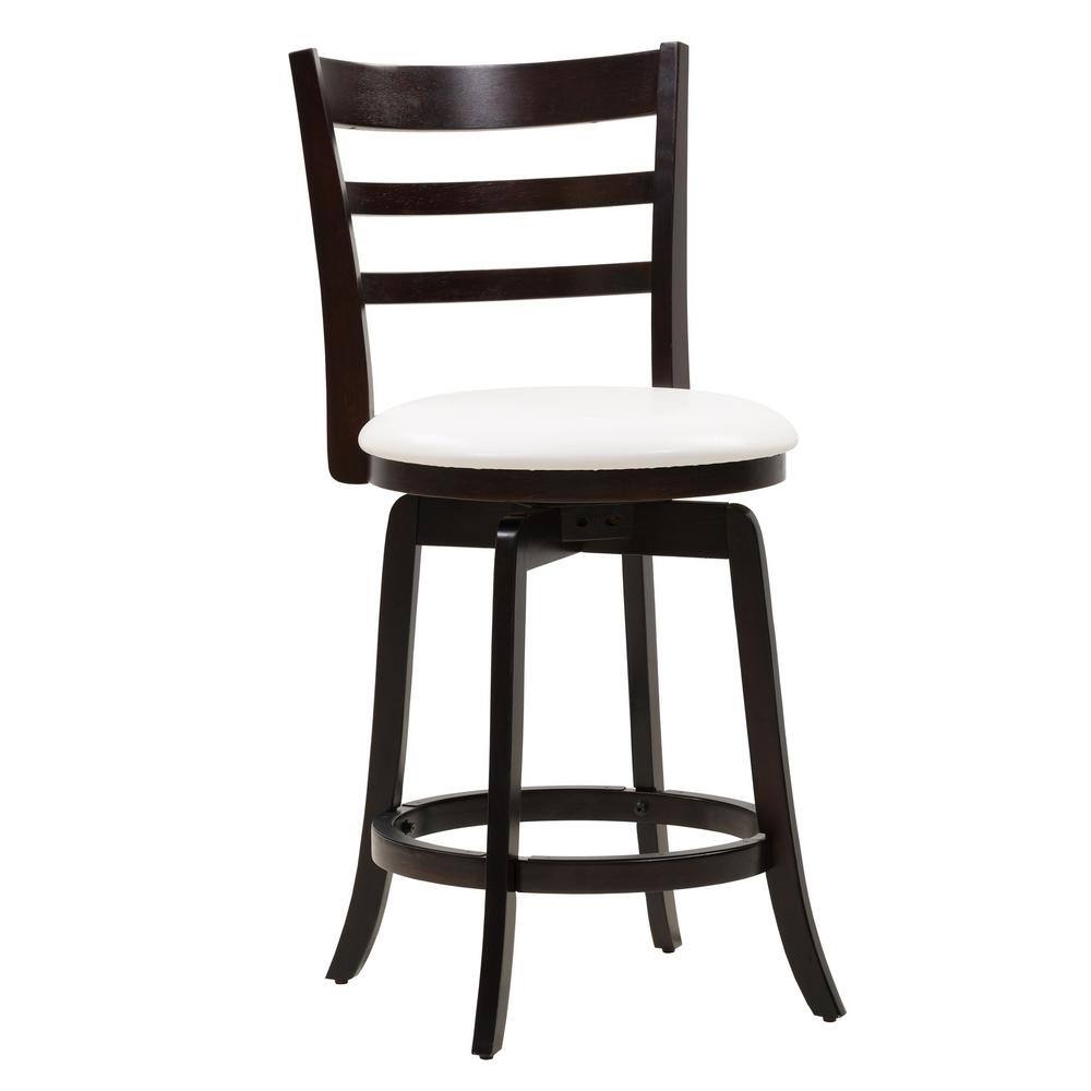 Espresso Wood Swivel Bar Stool with White Leatherette Seat