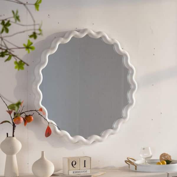 Tormere 28.15 in. W x 28.15 in. H Modern Round Wavy White MDF Wood Frame Wall Decorative Mirror