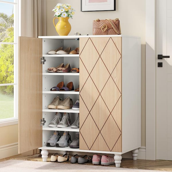 BYBLIGHT Lauren Maple Shoe Cabinet with 2-Door and Solid Wood Legs, 6 Tiers Wooden Shoes Storage Cabinets for Entryway, Brown