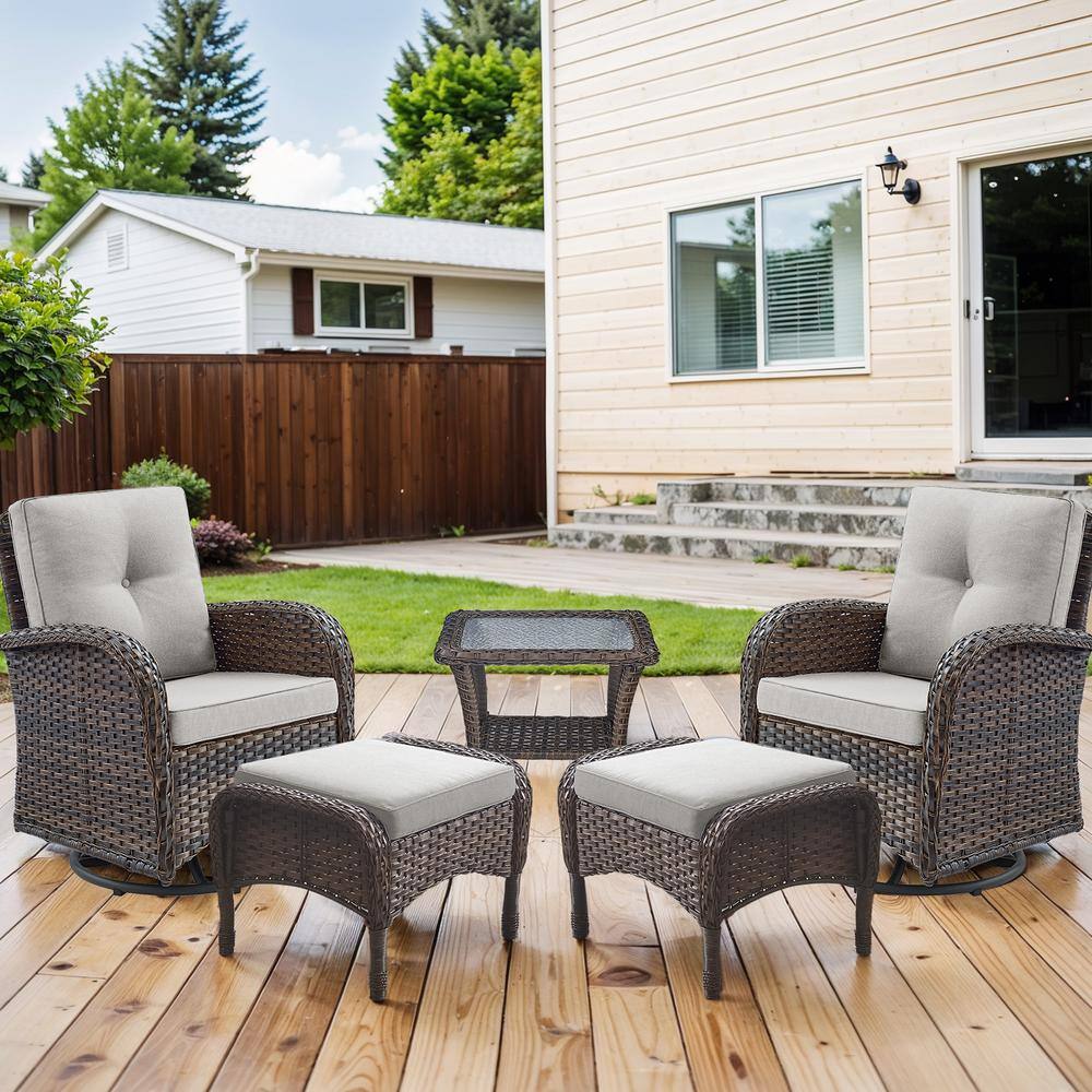 Gymojoy Carlos Brown 5-Piece Wicker Patio Conversation Set with CushionGuard Beige Cushions GM085-116-2