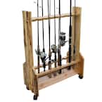 Rustic Double Sided Rolling 16 Fishing Rod Storage Rack Easy Mobility Angled Base