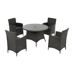 Gray 5-Piece Wicker Outdoor Dining Set with Gray Cushion, Patio Dining Table and Chairs