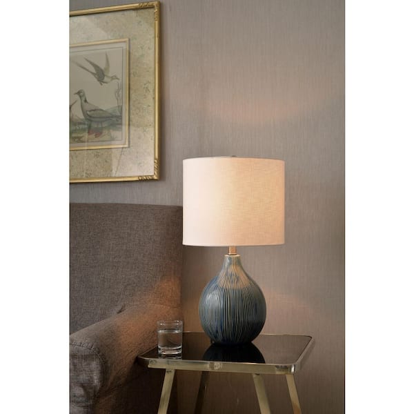 Intaglio 22.5 in. Distressed Blue Ceramic Finish Bedside Table Lamp with White Linen Shade
