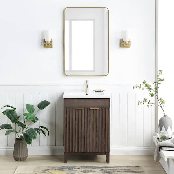 ROSWELL Palos 24 in.W x 18.1 in.D x 34.8 in.H Single Sink Bath Vanity in Antique Brown with White Ceramic Basin Top and Mirror