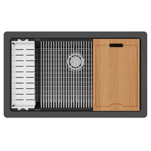 QUWS- 875 Quartz/Granite 32.5 in. Single Bowl Undermount Workstation Kitchen Sink in Black