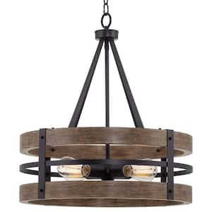 Maybrook 60-Watt 4-Light Black Farmhouse Chandelier with Reclaimed Oak Shade, No Bulb Included