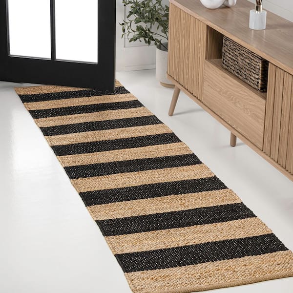 JONATHAN Y Jayden Rustic Farmhouse Woven Jute Stripe Natural/Black 2 ft. x 8 ft. Runner Rug