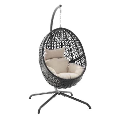 Calliope 1-Person Dark Brown Wicker Hanging Egg Chair Patio Swing with Sand Cushion