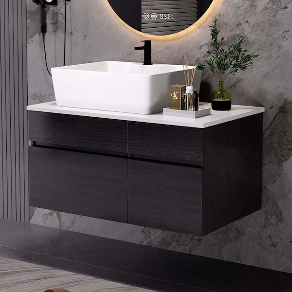 31.5 in. Wall Mounted Single Sink Black Bath Vanity with White Engineered Stone Top Requires Assembly