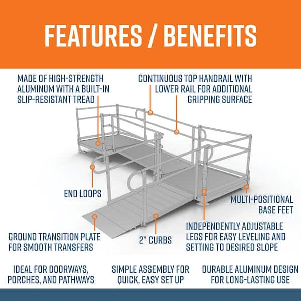 PATHWAY 10 ft. L-Shaped Aluminum Wheelchair Ramp Kit with Solid Surface Tread, 2-Line Handrails and (2) 4 ft. Platforms