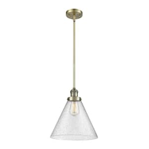 Cone 60-Watt 1 Light Antique Brass Shaded Mini Pendant Light with Seeded glass Seeded Glass Shade