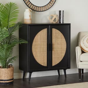 Black Wood Geometric Cane Front 1 Shelf and 2 Doors Geometric Cabinet