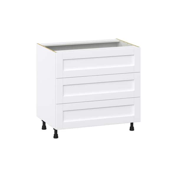 Milton 36 in. W x 24 in D x 34.5 in H Assembled Shaker Cooktop Drawer Base Kitchen Cabinet in Bright White w 3 Drawers