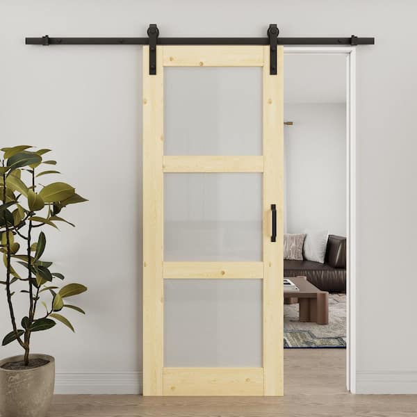 ARK DESIGN 32 in. x 80 in. 3-Lite Tempered Frosted Glass Unfinished Solid Core Pine Wood Sliding Barn Door with Hardware Kit