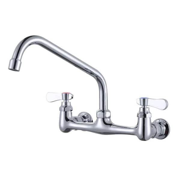 Double Handle Wall Mounted Standard Kitchen Faucet, Commercial Faucet with 10 in. Long Spout in Polished Chrome