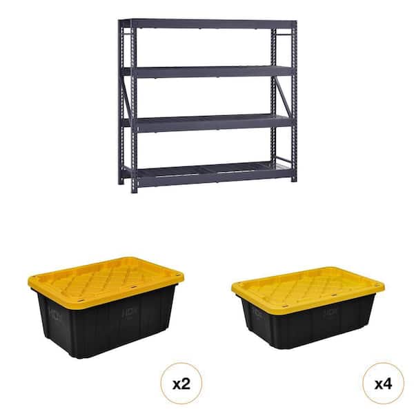 77 in. W 4-Shelf Black Metal Shelving Unit, 17 Gal. and 14 Gal. Black/Yellow Storage Tote Combo