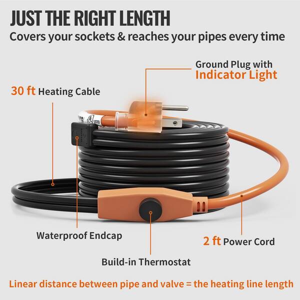 VEVOR 30 ft. Pipe Heating Cable 7-Watt 120-Volt Heat Tape Hose PVC with  Built-in Thermostat for Metal Plastic Pipe from Freeze GDJRDLMC30FT7EAAGV5  - The Home Depot