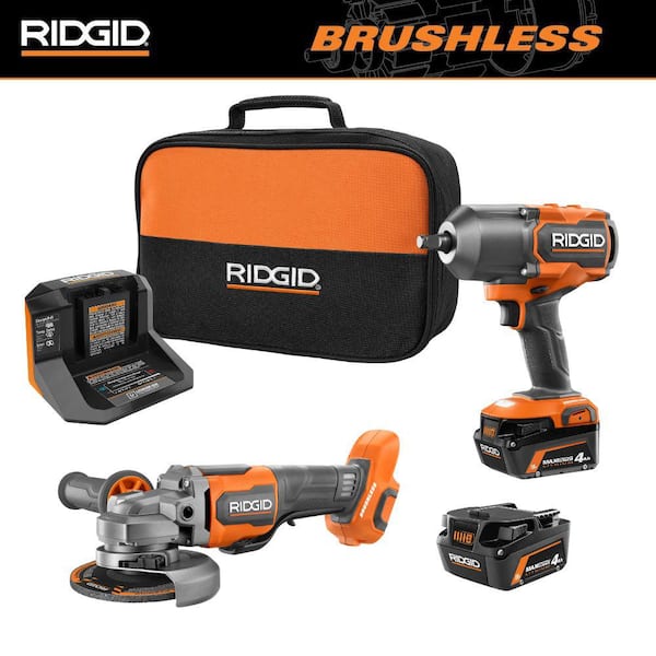 18V Brushless Cordless 4-Mode 1/2 in. High-Torque Impact Wrench Kit w/ (2) 4.0 Ah Batteries, Charger, & Angle Grinder