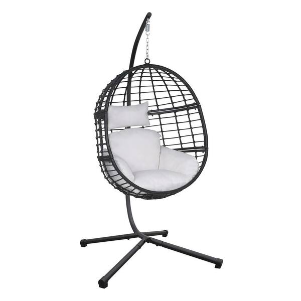 Sudzendf Outdoor Iron Wicker Patio Swing Egg Chair with Stand and White Cushion