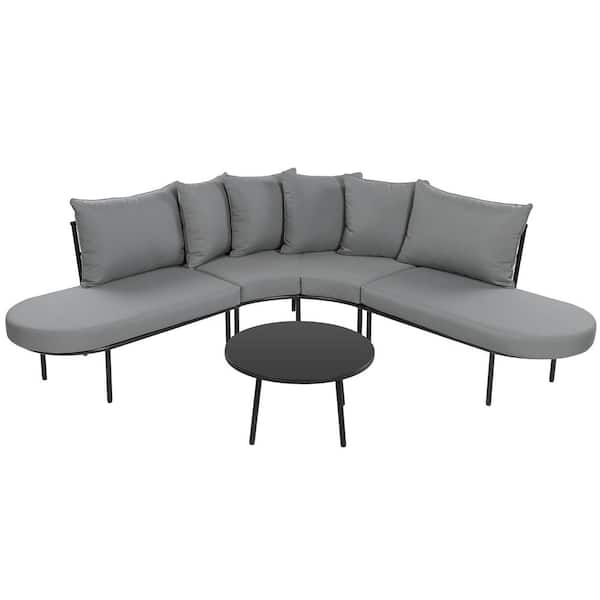Unbranded Metal Patio Half-Moon Curved Outdoor Conversation Sectional Sofa Set with Gray Cushions and Coffee Table for 6 People