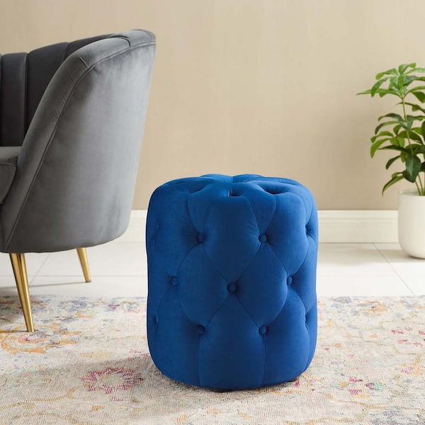 MODWAY Anthem Navy Tufted Button Round Performance Velvet Ottoman