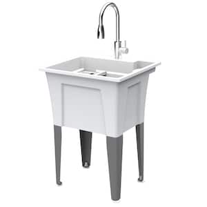 18 Gal. 24 in. x 22 in. Freestanding Laundry Utility Sink White Microban, Pullout Faucet, Installation Kit Included
