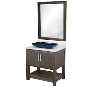 Ocean Breeze 31 in. W x 22 in. D x 31 in. H 1-Blue Black Sink BN Bath Vanity in Mocha w/ Blanco Marble Top plus Mirror