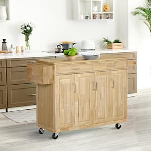 Natural Rubberwood Utility Kitchen Cart with Cabinets and Towel Rack