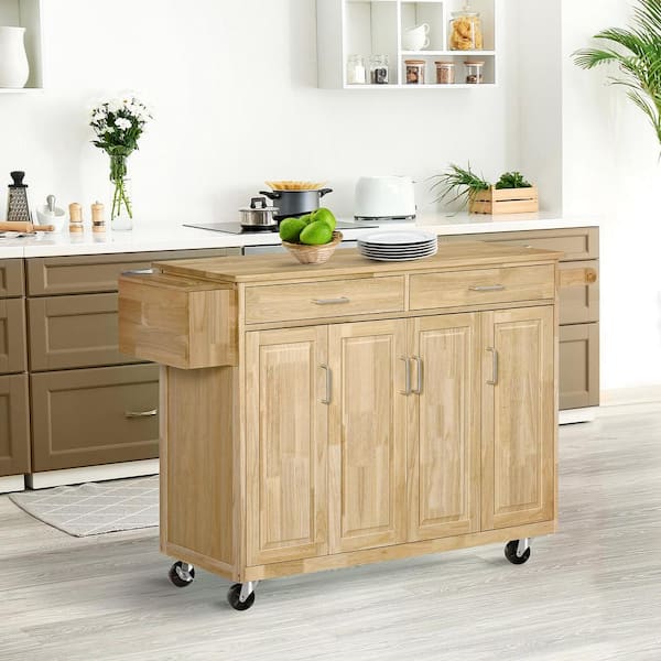 HOMCOM Natural Rubberwood Utility Kitchen Cart with Cabinets and Towel Rack