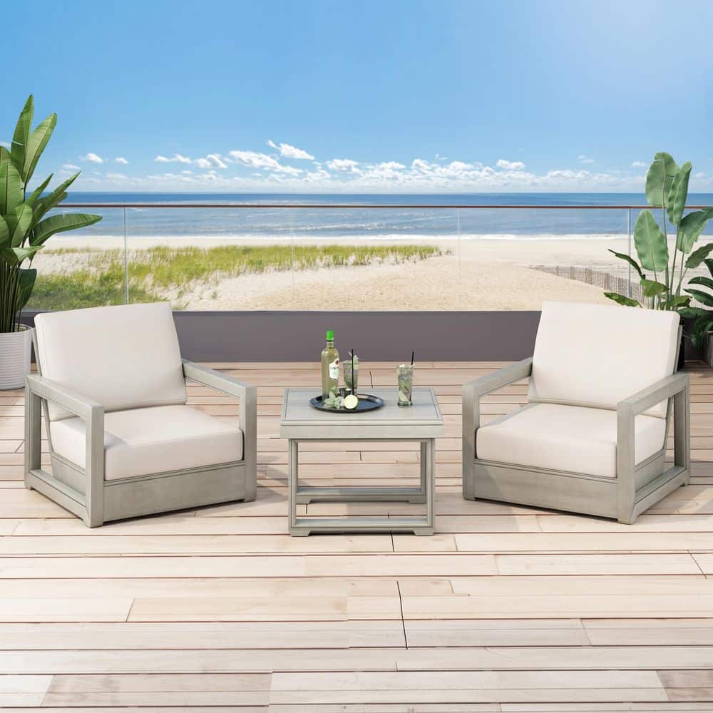 Westchester Light Gray 3-Piece Solid Wood Outdoor Patio Conversation Set with Beige Cushions