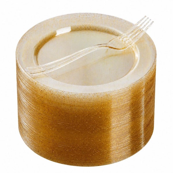 120 Piece Gold Glitter Plastic Dessert Plates and Forks Set for 60 Guests Heavy Duty Disposable Dinnerware